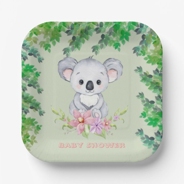 Assiettes En Carton Cute Koala ours Baby shower fille (Recto)