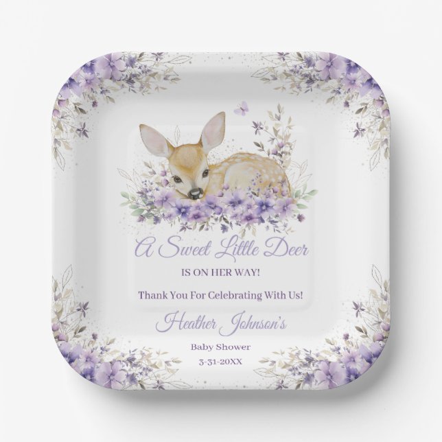 Assiettes En Carton Cute Lavande Purple Baby shower de cerfs floraux (Recto)