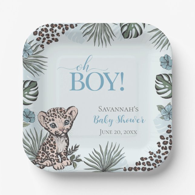Assiettes En Carton Cute Leopard Cub Blue Baby Shower (Recto)