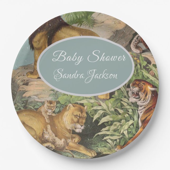 Assiettes En Carton Cute Lion Chat jungle Dusty Blue Boyl Baby shower (Devant)