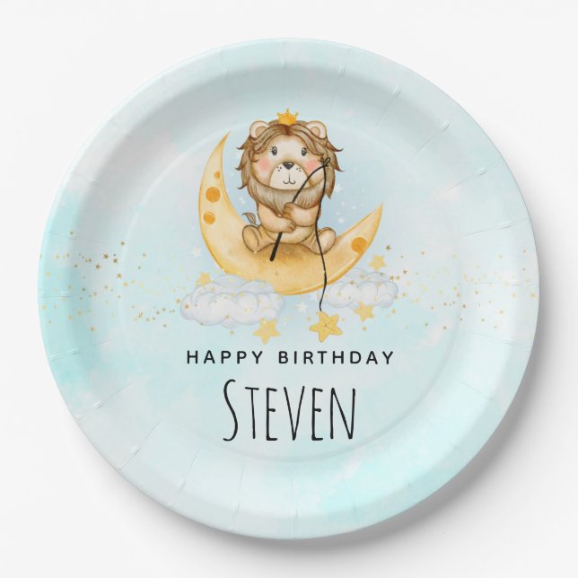 Assiettes En Carton Cute Lion Pêche sur la Lune Aquarelle Anniversaire (Devant)