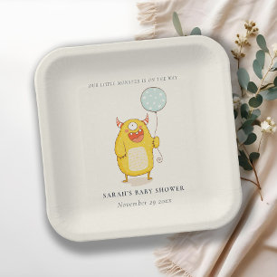 Assiettes En Carton Cute Little Aqua Yellow Monster Baby shower Invita