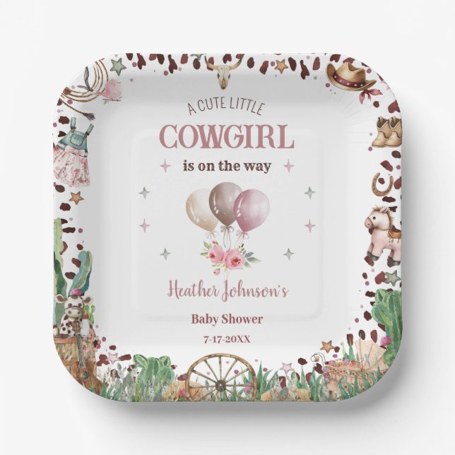 Assiettes En Carton Cute Little Cowgirl Western Aquarelle Baby shower (Recto)