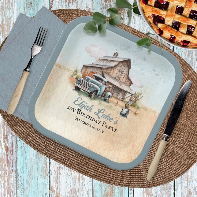 Assiettes En Carton Cute Little Farmer 1ère fête d'anniversaire (Blue Boy 1st Birthday Party Barn | Vintage Truck Paper Plates)