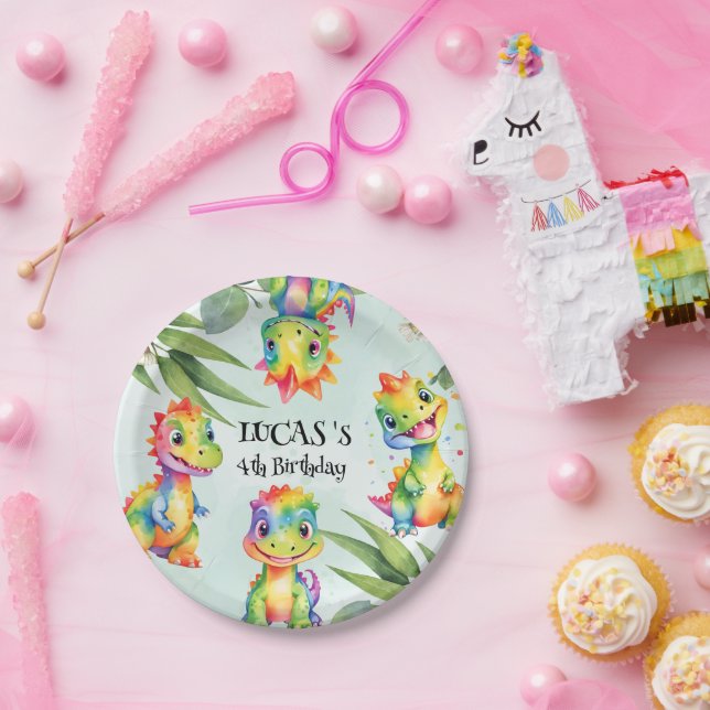 Assiettes En Carton Cute Magique Rainbow Dinosaur Bonne fête d'anniver (Fête)