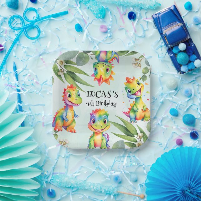 Assiettes En Carton Cute Magique Rainbow Dinosaur Bonne fête d'anniver (Fête)