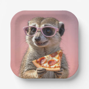 Assiettes En Carton Cute Meerkat avec lunettes et pizza