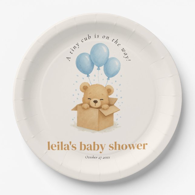 Assiettes En Carton Cute Minimalis Blue Balloon Bear Baby Shower (Devant)