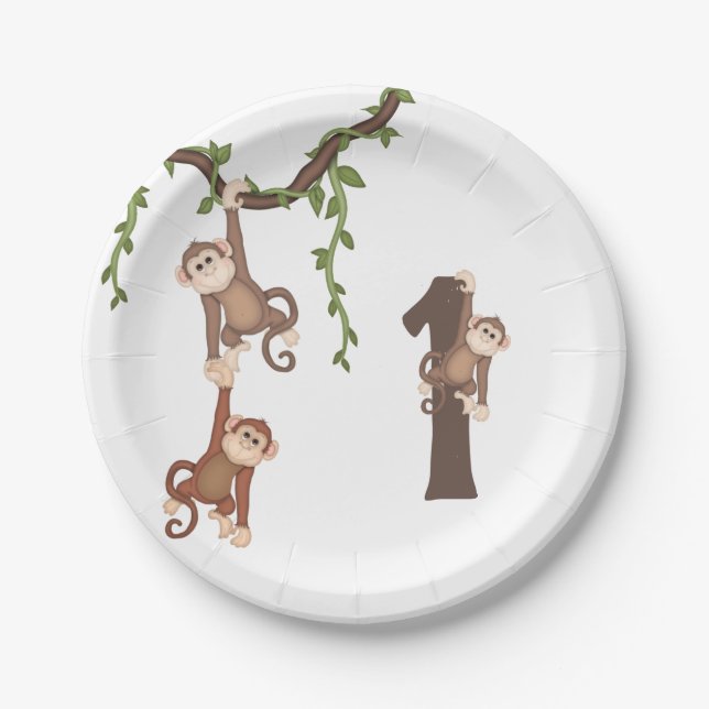 Assiettes En Carton Cute Monkeys Kid's 1st Birthday Paper Plate (Devant)