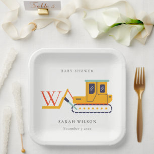 Assiettes En Carton Cute Monogram Construction Fourche Baby shower de