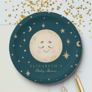 Assiettes En Carton Cute Moon et Star Navy Baby shower