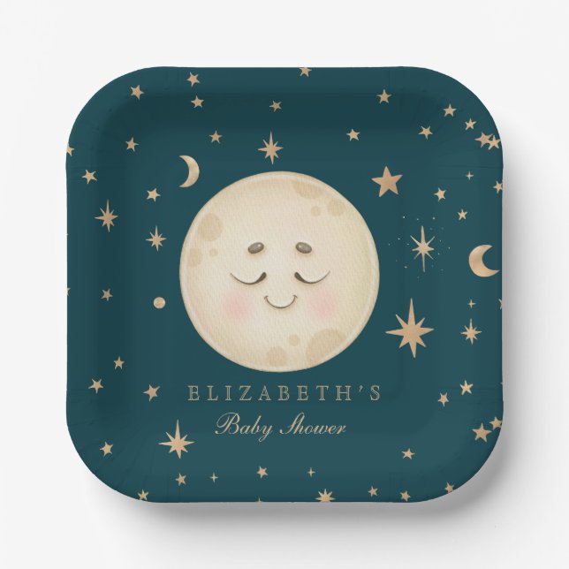 Assiettes En Carton Cute Moon et Star Navy Baby shower (Recto)