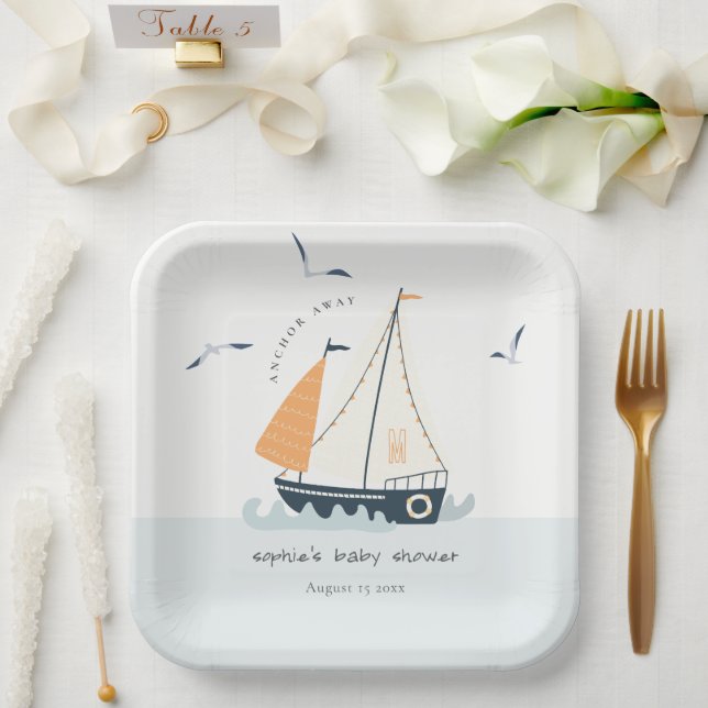Assiettes En Carton Cute Nautical Blue Sailboat Baby shower Pastel (Mariage)