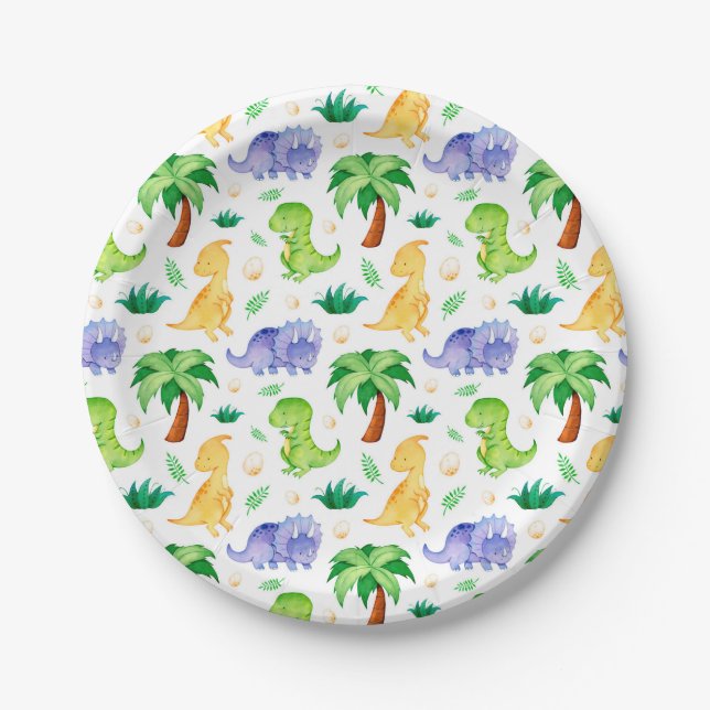 Assiettes En Carton Cute Neon Aquarelle Dinosaur Motif (Devant)