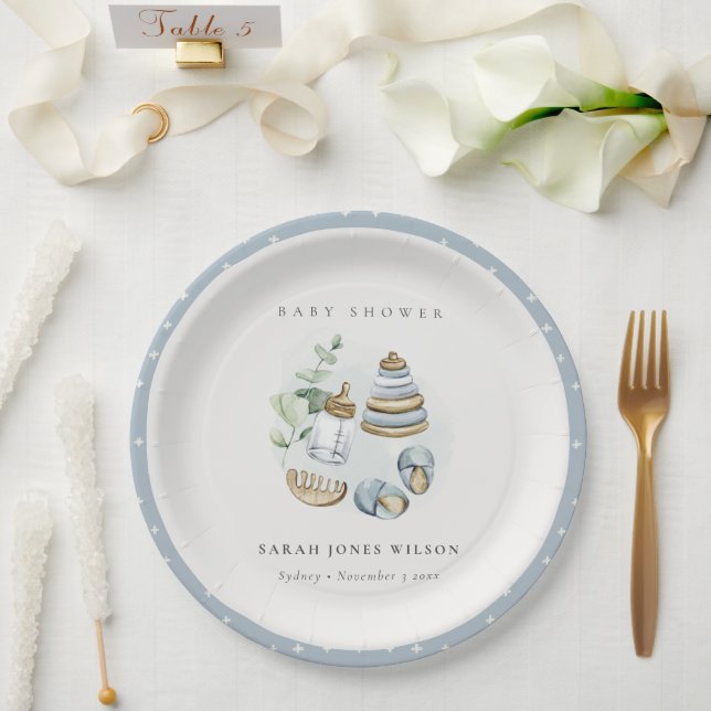 Assiettes En Carton Cute Nursery Essential Leafy Blue Boy Baby shower (Mariage)