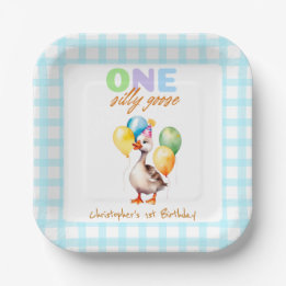 Assiettes En Carton Cute One Silly Goose Blue En vichy 1er anniversair