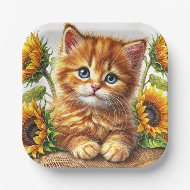 Assiettes En Carton Cute Orange Kitten Among Sunflowers (Recto)