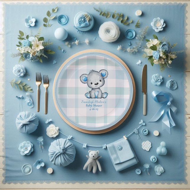 Assiettes En Carton Cute ours Garçon Plaid Bleu (Créateur téléchargé)