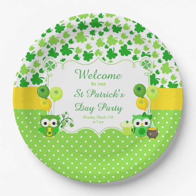 Assiettes En Carton Cute Owls St Patrick's Day Party (Devant)