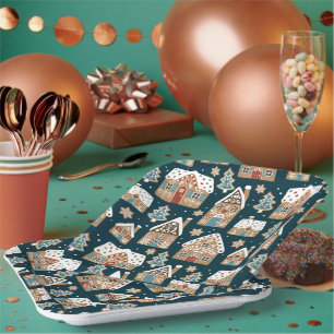 Assiettes En Carton Cute pain d'épices Maisons et biscuits Noël bleu