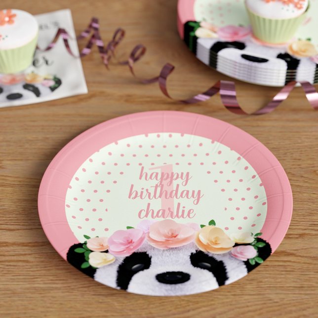 Assiettes En Carton Cute Panda Ours Anniversaire Âge Poche Plaques de  (A cute panda bear with flowers in her hair. Add a name and age to these cute birthday paper plates)