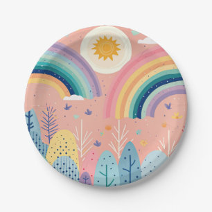 Assiettes En Carton Cute Pastel Boho Rainbow & Sun Above Forest