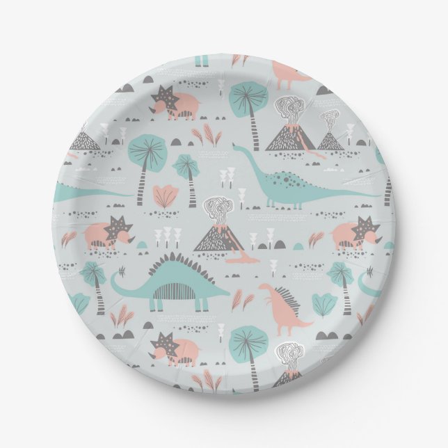 Assiettes En Carton Cute Pastel Dinosaur Motif (Devant)