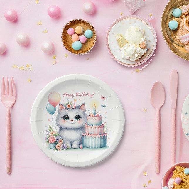 Assiettes En Carton Cute Pastel Kitten Gâteau d'anniversaire - Anniver (Créateur téléchargé)