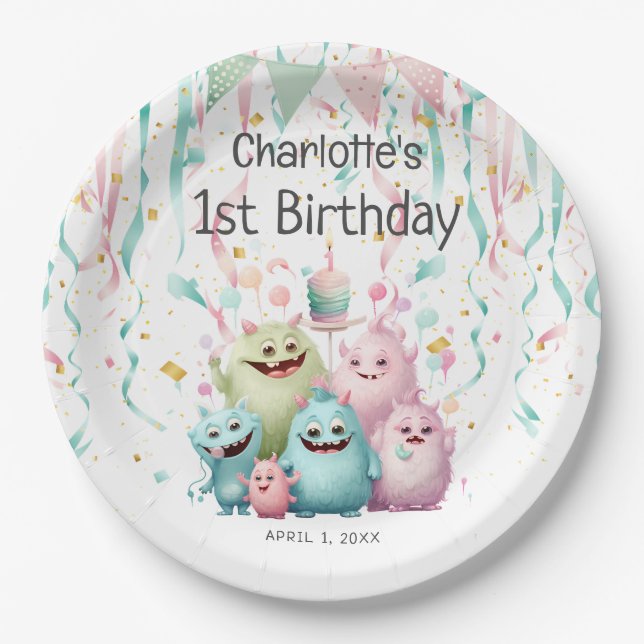 Assiettes En Carton Cute Pastel Little Monsters 1er anniversaire de la (Devant)
