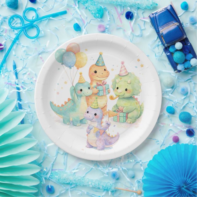 Assiettes En Carton Cute Pastel Watercolor Dinosaurs Birthday (Fête)