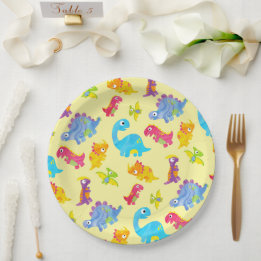 Assiettes En Carton Cute Pastel Yellow Unisex Baby Dinosaur Anniversai
