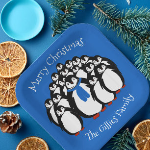 Assiettes En Carton Cute Penguin Famille Noël Plaques de fête bleue