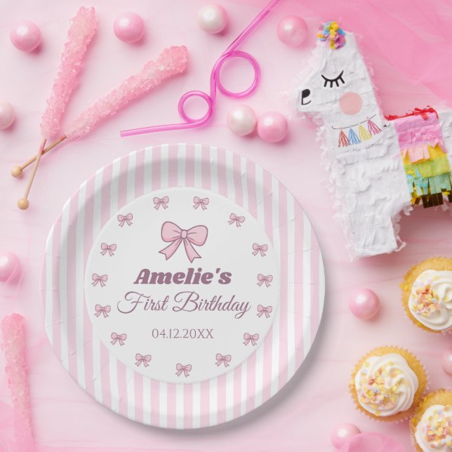 Assiettes En Carton Cute Pink Bow First Birthday  (Fête)
