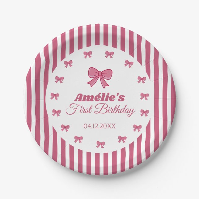 Assiettes En Carton Cute Pink Bow Girl First Birthday  (Devant)