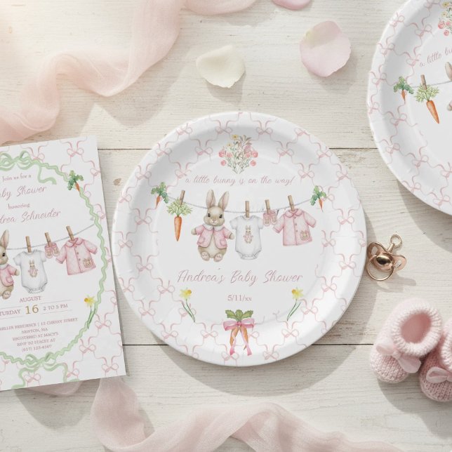 Assiettes En Carton Cute Pink Bunny Girl Clothesline Baby Shower  (Créateur téléchargé)