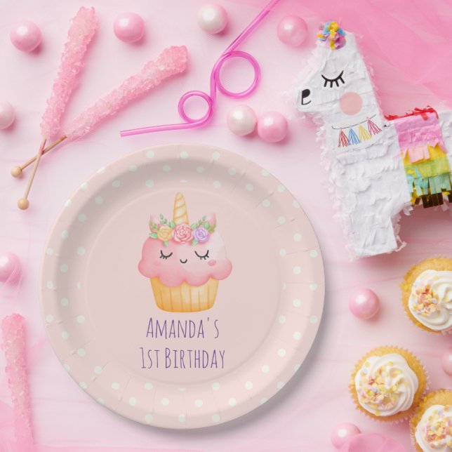 Assiettes En Carton Cute Pink Cupcake Unicorn avec Rose Anniversaire (Fête)