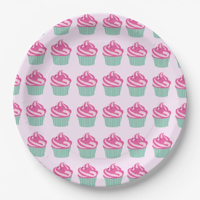 Assiettes En Carton Cute Pink Cupcakes Pattern Pastel Pink (Devant)