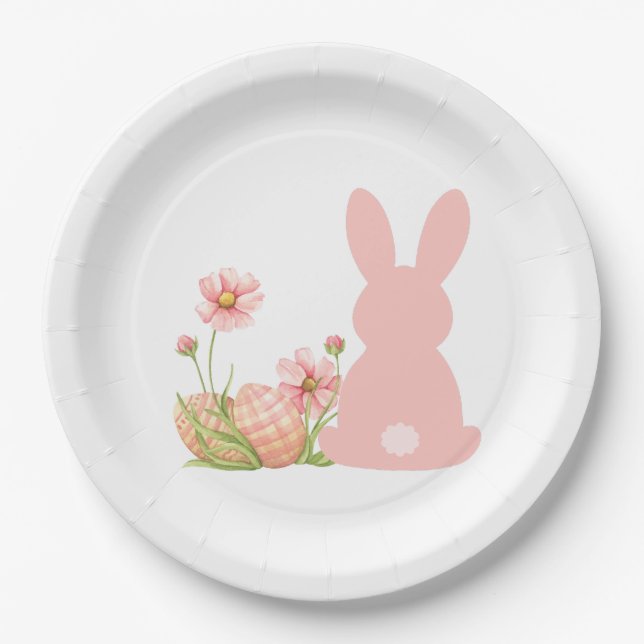 Assiettes En Carton Cute Pink Easter Bunny with Spring Flowers  (Devant)
