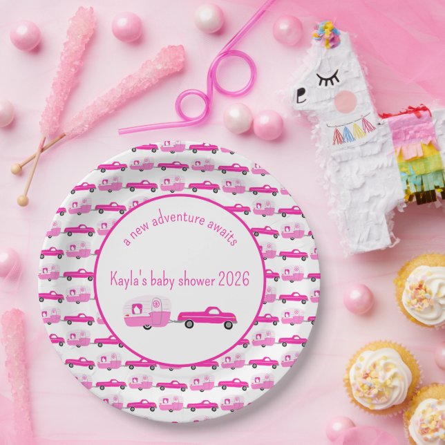Assiettes En Carton Cute Pink Truck & Trailer RV Baby shower d'aventur (Fête)