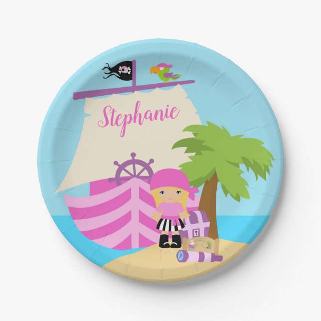 Assiettes En Carton Cute Pirate Blonde Girl & A Big Ship Custom Name (Devant)