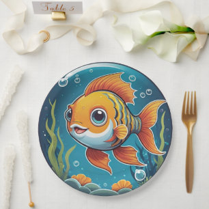 Assiettes En Carton Cute poisson d'or nager sous l'eau avec des bulles