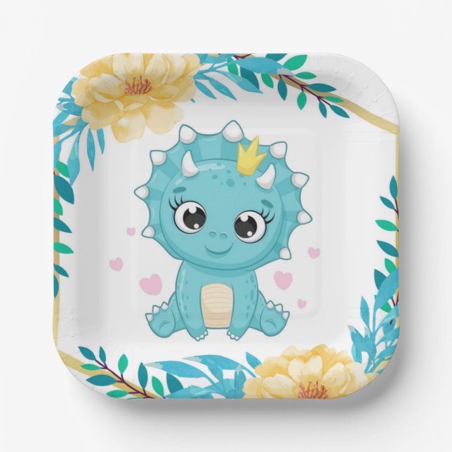 Assiettes En Carton Cute Prince Baby shower Dinosaure Turquoise et Jau (Recto)
