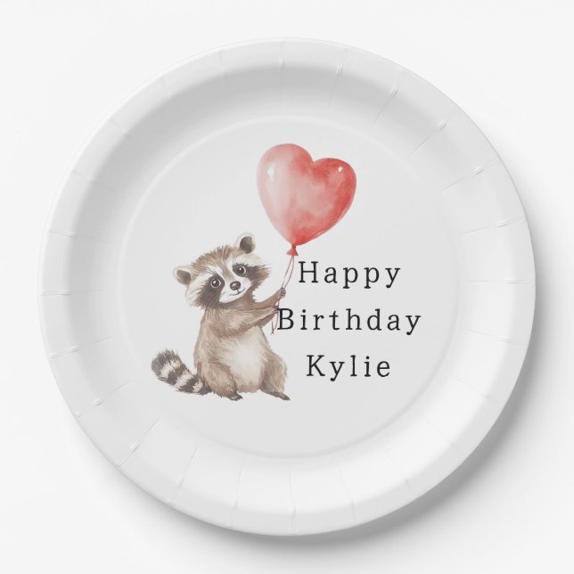 Assiettes En Carton Cute Raccoon Animal Heart Balloon Anniversaire (Devant)