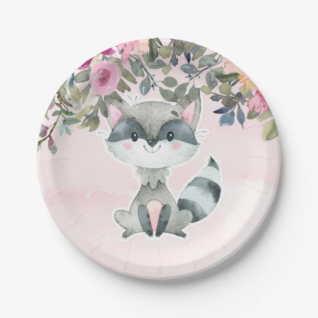 Assiettes En Carton Cute Raccoon Aquarelle Peony Baby shower (Devant)