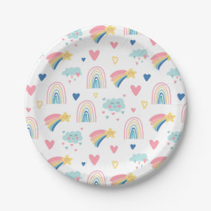Assiettes En Carton Cute Rainbow Hearts & Clouds Motif