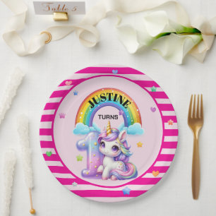 Assiettes En Carton Cute Rainbows et Unicorn 1er anniversaire