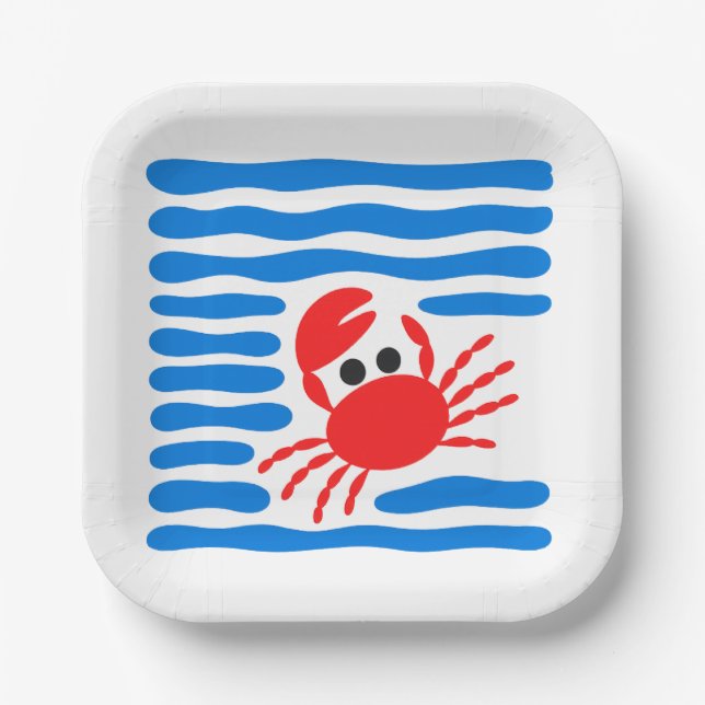 Assiettes En Carton Cute Red Crab & Blue Waves Coastal (Recto)
