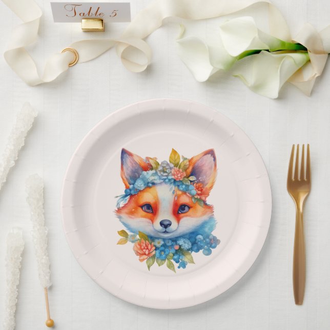 Assiettes En Carton Cute Renard orange avec Couronne florale (Mariage)