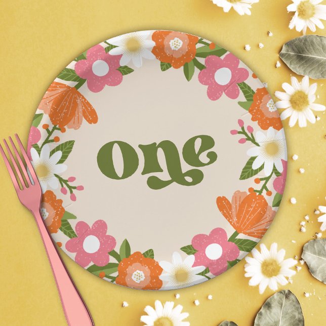 Assiettes En Carton Cute Retro Floral One | Premier anniversaire du bé (Créateur téléchargé)