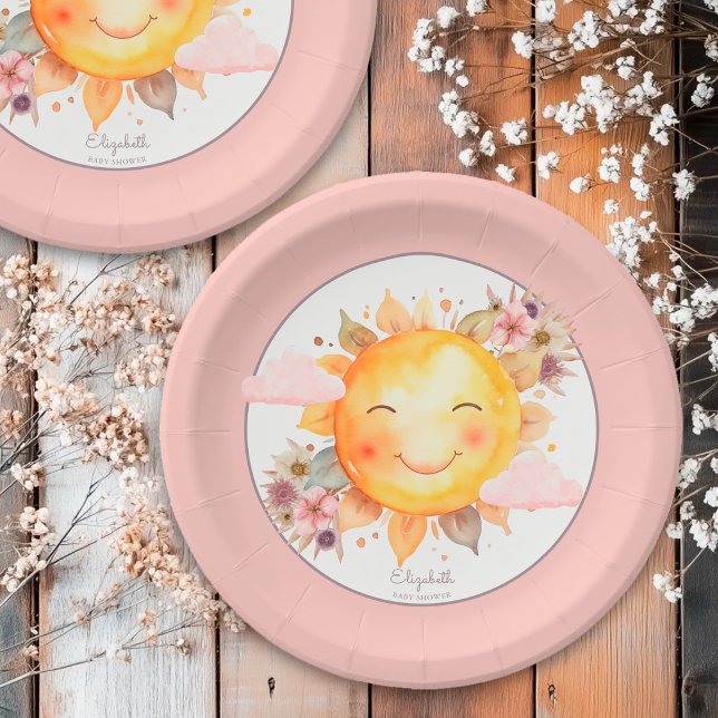 Assiettes En Carton Cute Retro Pink Boho Flowers Sunshine Baby Shower (Créateur téléchargé)